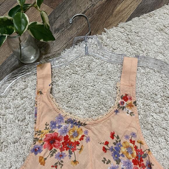 American Eagle Medium Peach Floral Lace Crochet Trim Linen Peplum Tank Top - Picture 3 of 6
